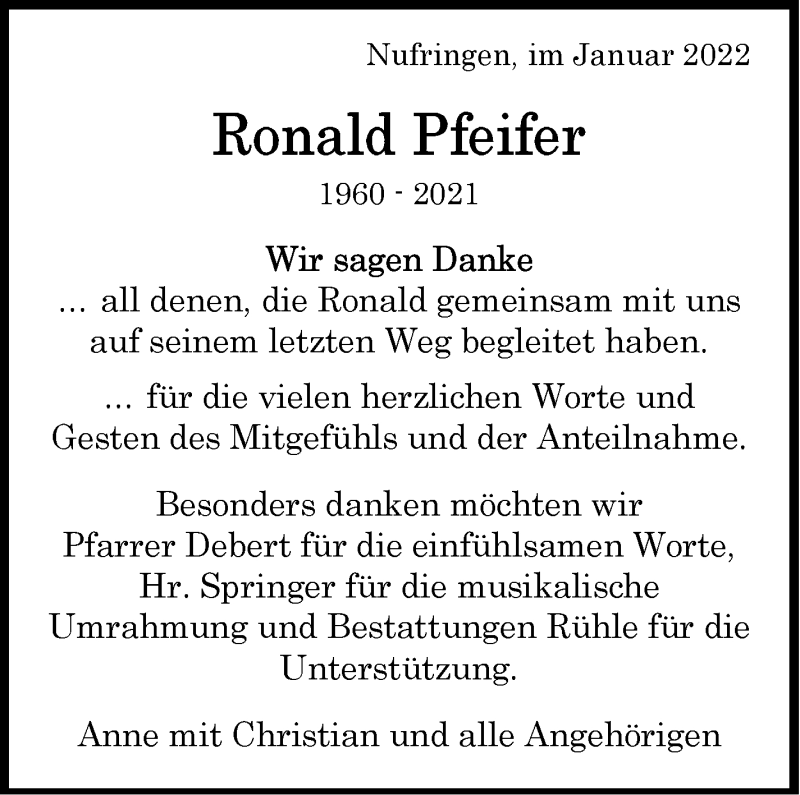  Traueranzeige für Ronald Pfeifer vom 14.01.2022 aus Leonberger Kreiszeitung / Strohgäu Extra