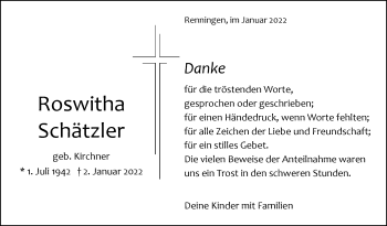 Traueranzeige von Roswitha Schätzler von Leonberger Kreiszeitung / Strohgäu Extra