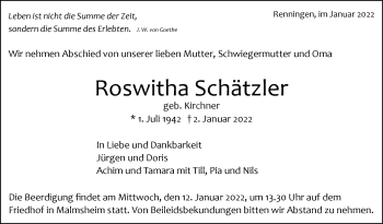 Traueranzeige von Roswitha Schätzler von Leonberger Kreiszeitung / Strohgäu Extra