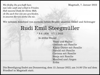 Traueranzeige von Rudi Emil Steegmüller von Leonberger Kreiszeitung / Strohgäu Extra