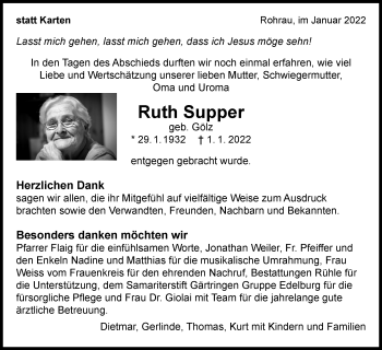 Traueranzeige von Ruth Supper von Leonberger Kreiszeitung / Strohgäu Extra