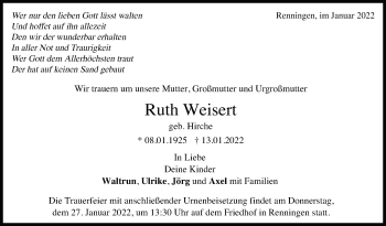 Traueranzeige von Ruth Weisert von Leonberger Kreiszeitung / Strohgäu Extra