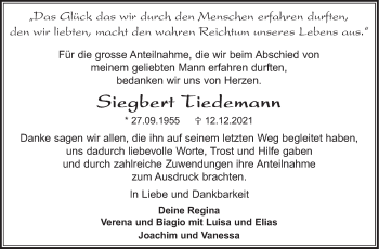 Traueranzeige von Siegbert Tiedemann von Leonberger Kreiszeitung / Strohgäu Extra