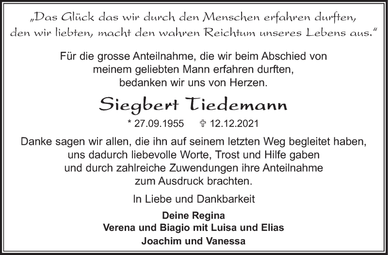  Traueranzeige für Siegbert Tiedemann vom 20.01.2022 aus Leonberger Kreiszeitung / Strohgäu Extra
