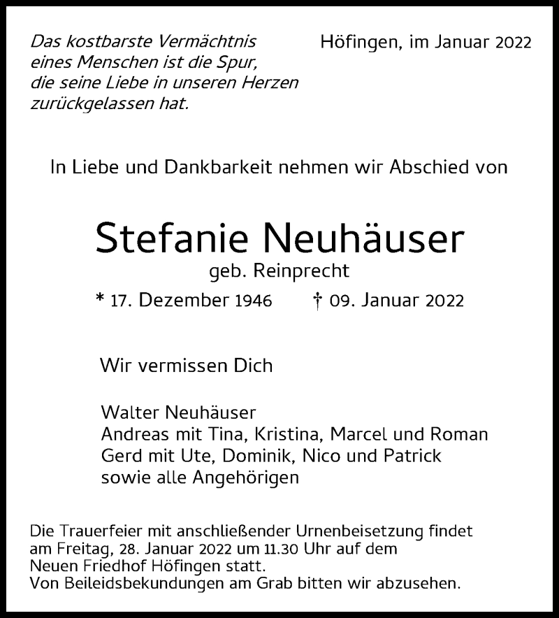  Traueranzeige für Stefanie Neuhäuser vom 15.01.2022 aus Leonberger Kreiszeitung / Strohgäu Extra