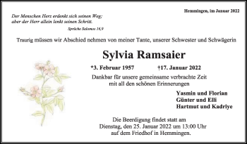 Traueranzeige von Sylvia Ramsaier von Leonberger Kreiszeitung / Strohgäu Extra