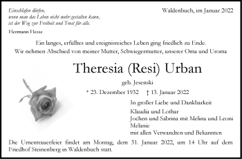 Traueranzeige von Theresia Urban von Leonberger Kreiszeitung / Strohgäu Extra