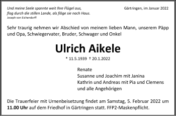 Traueranzeige von Ulrich Aikele von Leonberger Kreiszeitung / Strohgäu Extra