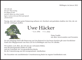 Traueranzeige von Uwe Häcker von Leonberger Kreiszeitung / Strohgäu Extra