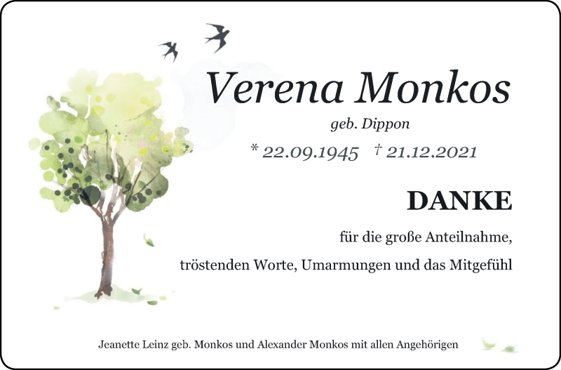  Traueranzeige für Verena Monkos vom 12.01.2022 aus Leonberger Kreiszeitung / Strohgäu Extra