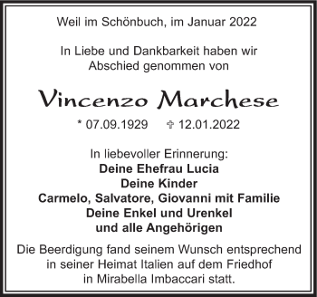 Traueranzeige von Vincenzo Marchese von Leonberger Kreiszeitung / Strohgäu Extra