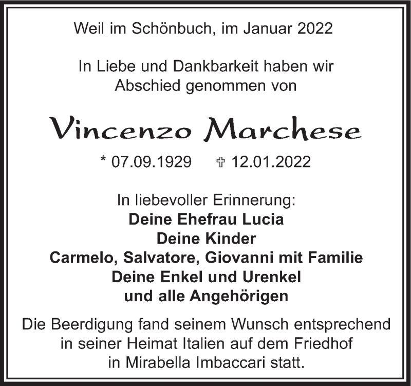  Traueranzeige für Vincenzo Marchese vom 27.01.2022 aus Leonberger Kreiszeitung / Strohgäu Extra