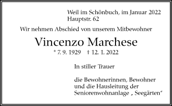 Traueranzeige von Vincenzo Marchese von Leonberger Kreiszeitung / Strohgäu Extra