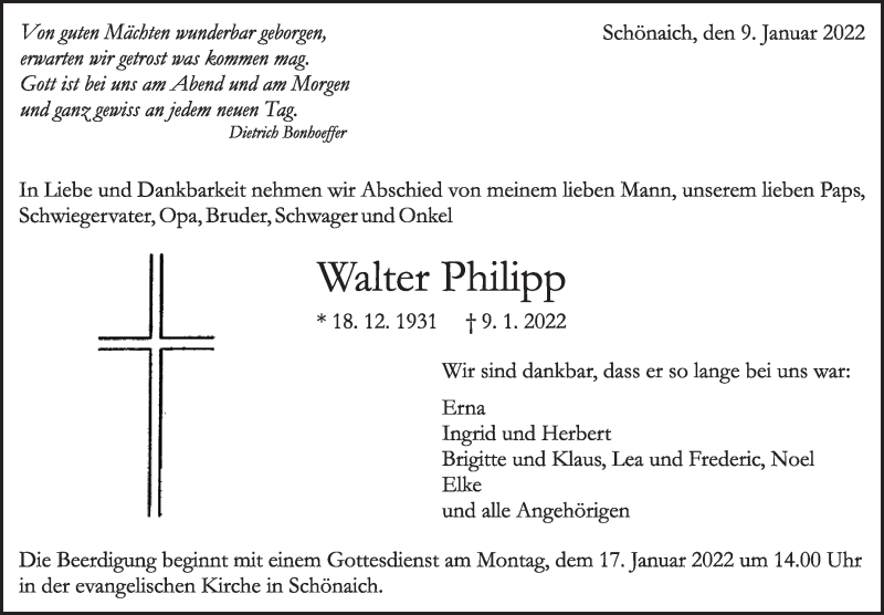  Traueranzeige für Walter Philipp vom 12.01.2022 aus Leonberger Kreiszeitung / Strohgäu Extra