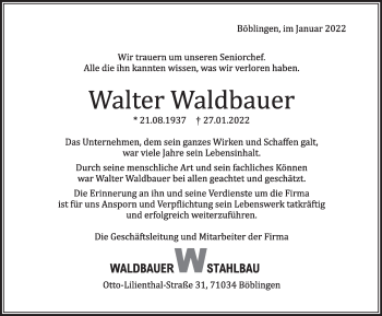 Traueranzeige von Walter Waldbauer von Leonberger Kreiszeitung / Strohgäu Extra