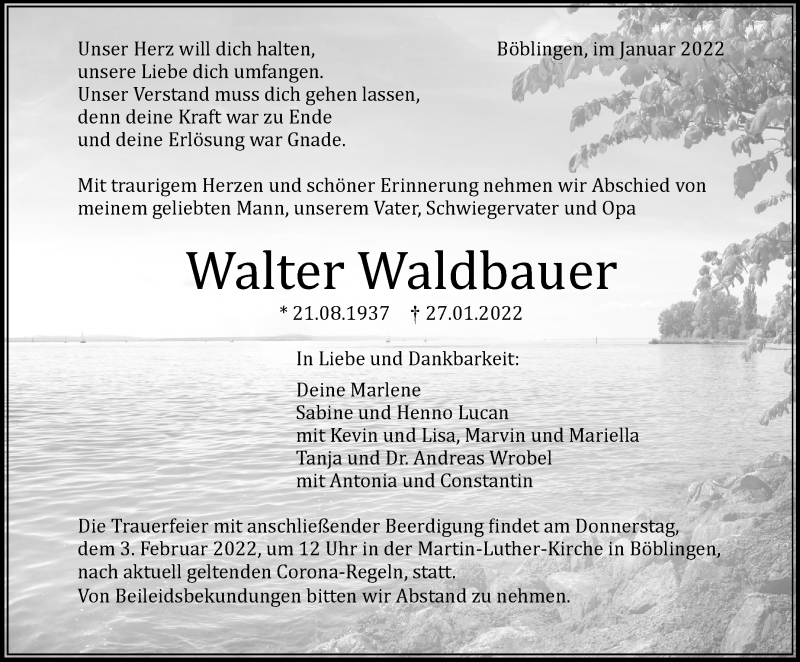  Traueranzeige für Walter Waldbauer vom 29.01.2022 aus Leonberger Kreiszeitung / Strohgäu Extra