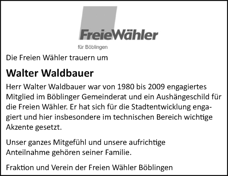  Traueranzeige für Walter Waldbauer vom 29.01.2022 aus Leonberger Kreiszeitung / Strohgäu Extra