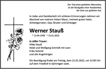 Traueranzeige von Werner Stauß von Leonberger Kreiszeitung / Strohgäu Extra
