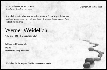Traueranzeige von Werner Weidelich von Leonberger Kreiszeitung / Strohgäu Extra
