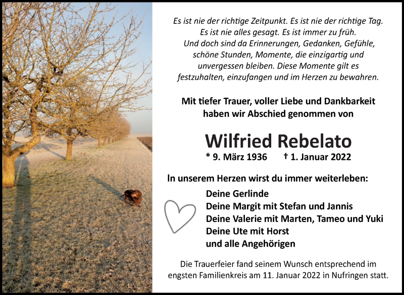  Traueranzeige für Wilfried Rebelato vom 12.01.2022 aus Leonberger Kreiszeitung / Strohgäu Extra