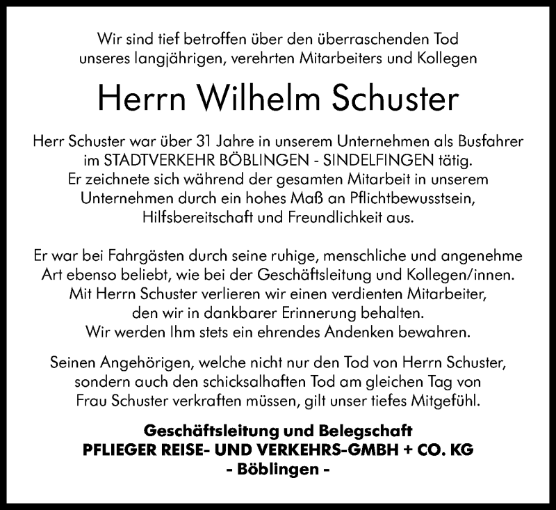  Traueranzeige für Wilhelm Schuster vom 12.01.2022 aus Leonberger Kreiszeitung / Strohgäu Extra