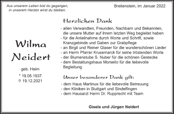 Traueranzeige von Wilma Neidert von Leonberger Kreiszeitung / Strohgäu Extra
