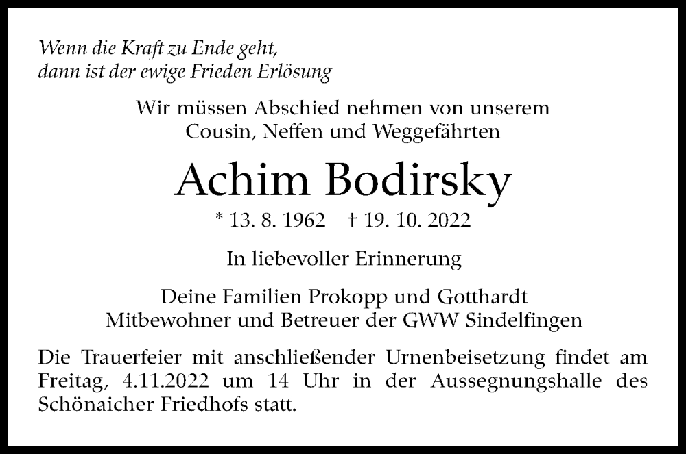  Traueranzeige für Achim Bodirsky vom 27.10.2022 aus Leonberger Kreiszeitung / Strohgäu Extra