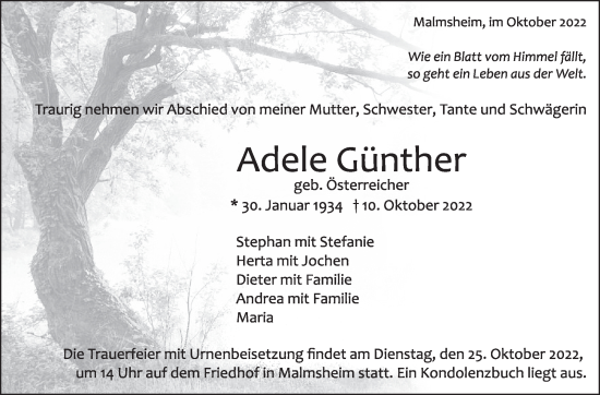 Traueranzeige von Adele Günther von Leonberger Kreiszeitung / Strohgäu Extra