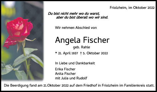 Traueranzeige von Angela Fischer von Leonberger Kreiszeitung / Strohgäu Extra