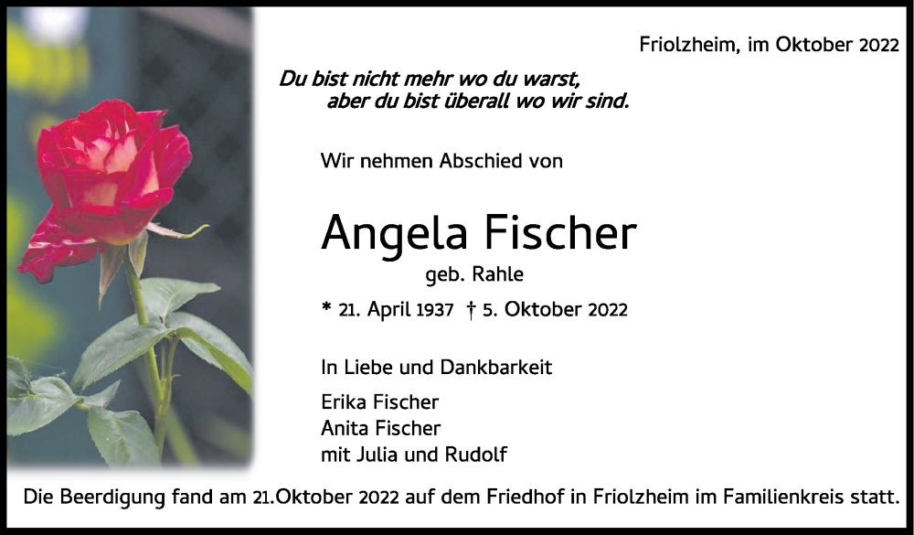  Traueranzeige für Angela Fischer vom 22.10.2022 aus Leonberger Kreiszeitung / Strohgäu Extra