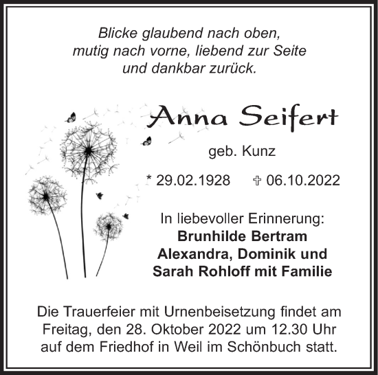 Traueranzeige von Anna Seifert von Leonberger Kreiszeitung / Strohgäu Extra