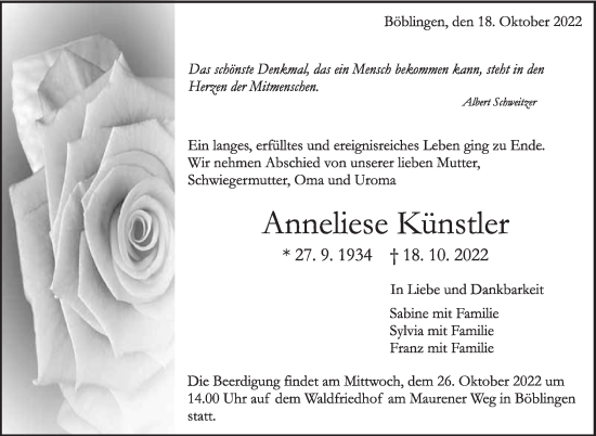 Traueranzeige von Anneliese Künstler von Leonberger Kreiszeitung / Strohgäu Extra