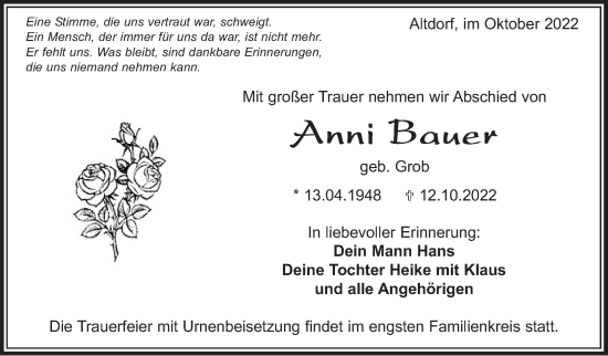 Traueranzeige von Anni Bauer von Leonberger Kreiszeitung / Strohgäu Extra