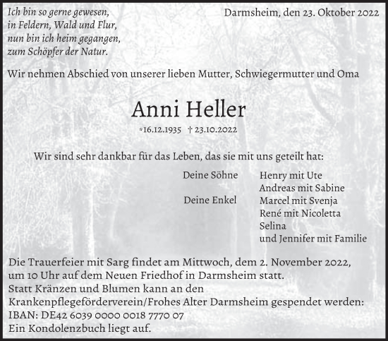 Traueranzeige von Anni Heller von Leonberger Kreiszeitung / Strohgäu Extra