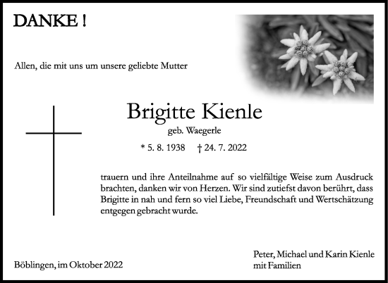 Traueranzeige von Brigitte Kienle von Leonberger Kreiszeitung / Strohgäu Extra