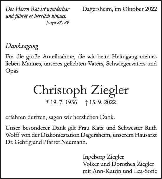 Traueranzeige von Christoph Ziegler von Leonberger Kreiszeitung / Strohgäu Extra