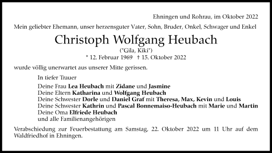 Traueranzeige von Christoph Wolfgang Heubach von Leonberger Kreiszeitung / Strohgäu Extra