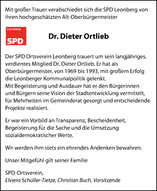 Traueranzeige von Dieter Ortlieb von Leonberger Kreiszeitung / Strohgäu Extra