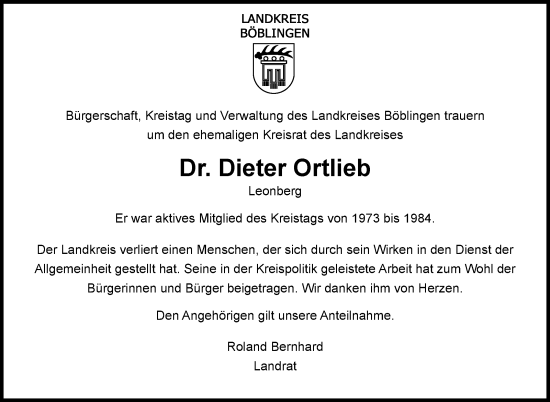 Traueranzeige von Dieter Ortlieb von Leonberger Kreiszeitung / Strohgäu Extra