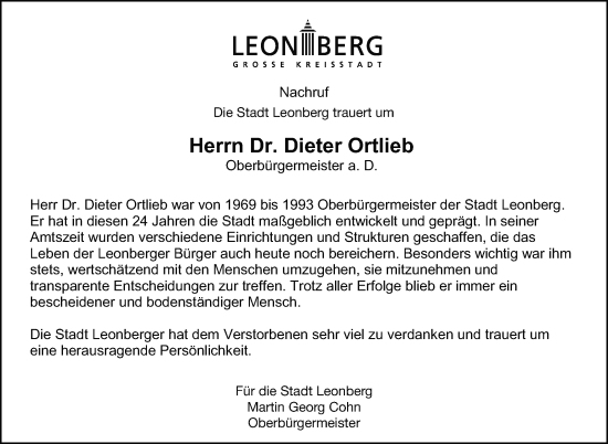 Traueranzeige von Dieter Ortlieb von Leonberger Kreiszeitung / Strohgäu Extra