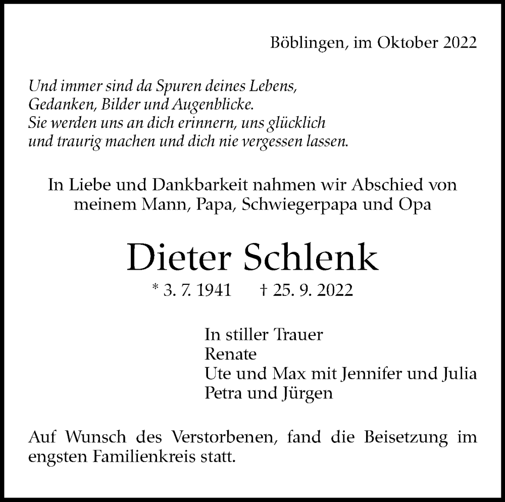  Traueranzeige für Dieter Schlenk vom 19.10.2022 aus Leonberger Kreiszeitung / Strohgäu Extra