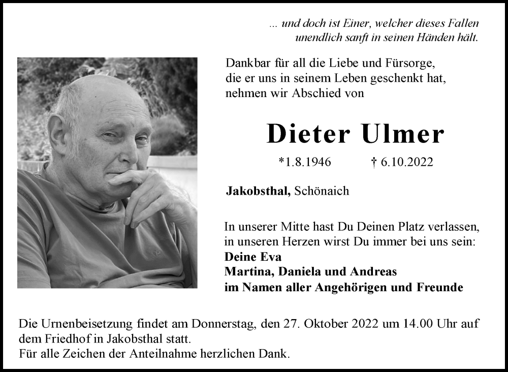  Traueranzeige für Dieter Ulmer vom 24.10.2022 aus Leonberger Kreiszeitung / Strohgäu Extra