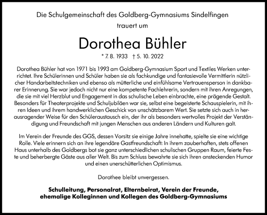 Traueranzeige von Dorothea Bühler von Leonberger Kreiszeitung / Strohgäu Extra