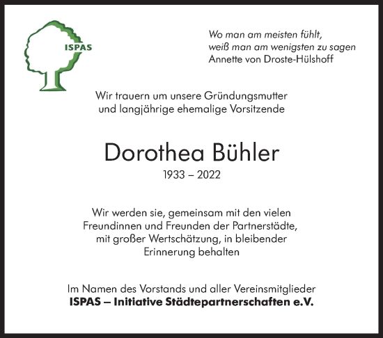 Traueranzeige von Dorothea Bühler von Leonberger Kreiszeitung / Strohgäu Extra