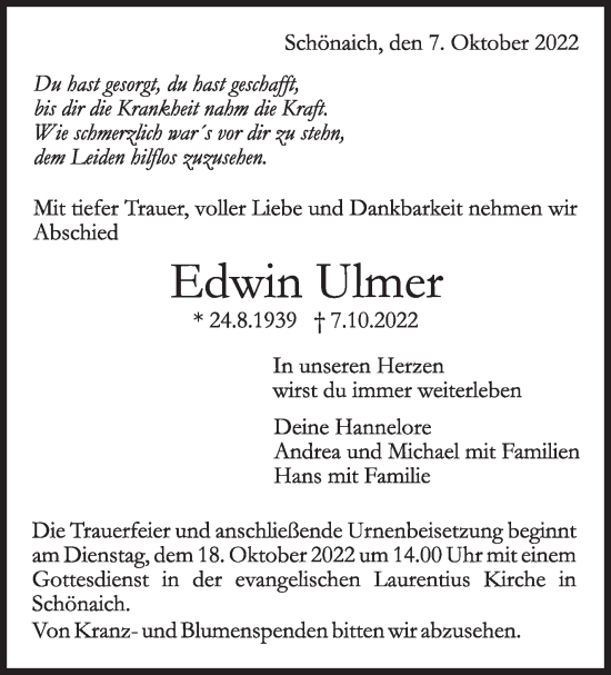 Traueranzeige von Edwin Ulmer von Leonberger Kreiszeitung / Strohgäu Extra
