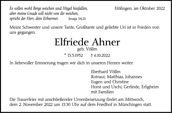 Traueranzeige von Elfriede Ahner von Leonberger Kreiszeitung / Strohgäu Extra