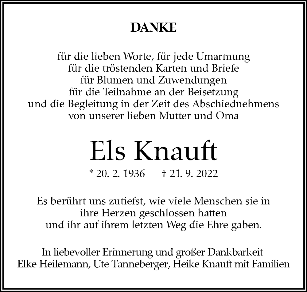  Traueranzeige für Els Knauft vom 15.10.2022 aus Leonberger Kreiszeitung / Strohgäu Extra