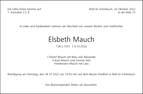 Traueranzeige von Elsbeth Mauch von Leonberger Kreiszeitung / Strohgäu Extra