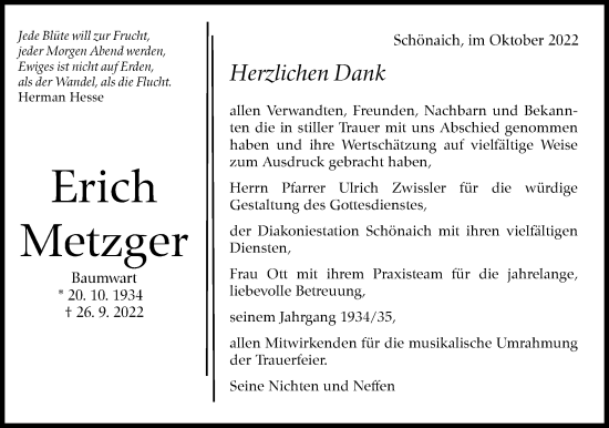 Traueranzeige von Erich Metzger von Leonberger Kreiszeitung / Strohgäu Extra