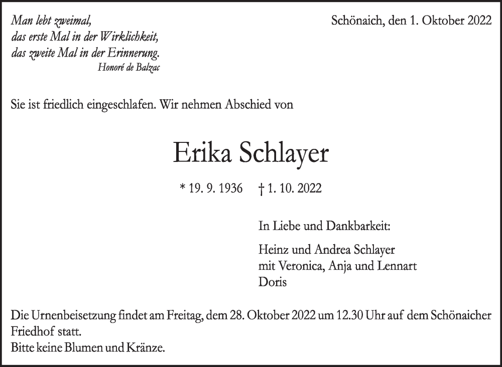  Traueranzeige für Erika Schlayer vom 20.10.2022 aus Leonberger Kreiszeitung / Strohgäu Extra